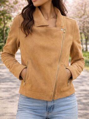 Camel Faux Suede Moto Jacket Asymmetrical Zip Small Chic Lightweight Jacket